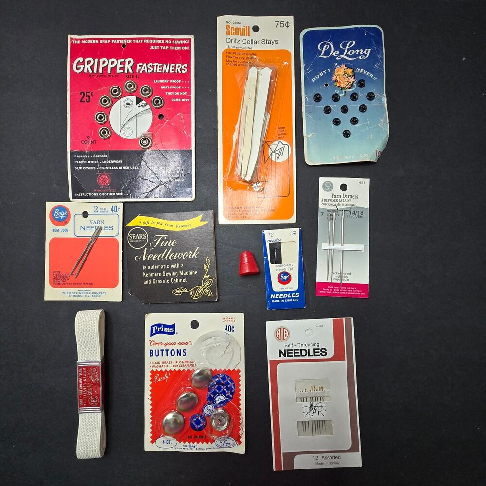 Sears Kenmore Vintage Sewing Notions Lot Scovill Prims Boye Needles 1950s+